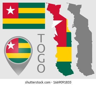 Colorful flag, map pointer, map of Togo in the colors of the togolese flag and blank map. High detail. Vector illustration