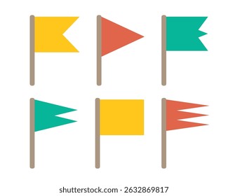 Colorful flag on a stick set for birthday party decoration, holiday anniversary fabric symbol design, modern festive hanging sign shapes decor. Isolated. Vector illustration.