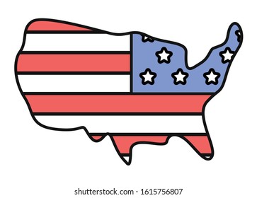 Colorful flag of United States of America. Geographical boundaries of country. Place for trip, travel. Blue, white and red stars and stripes, national emblem. Vector illustration in flat style