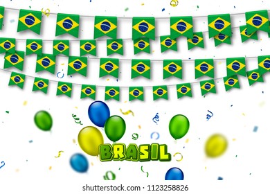Colorful flags of Brazil with confetti, serpentine and colorful balloons. Festive garlands of Brazil pennant, bunting flags. Vector banner for celebration party, holiday, carnival, Independence Day