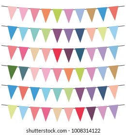 Colorful flags and bunting garlands for decoration. Decor elements with various patterns. Vector illustration

