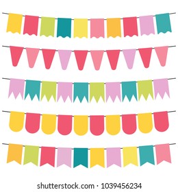 Colorful flags and bunting garlands for decoration. Decor elements with various patterns. Vector illustration
