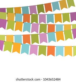 Colorful flags and bunting garlands for decoration. Decor elements with various patterns. Vector illustration
