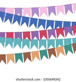 Colorful flags and bunting garlands for decoration. Decor elements with various patterns. Vector illustration
