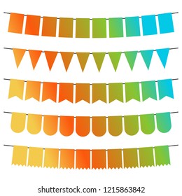 Colorful flags and bunting garlands for decoration. Decor elements with various patterns. Vector illustration
