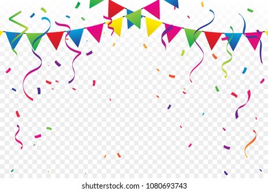 Colorful Flags With Confetti And Ribbons Falling On Transparent Background. Celebration Event & Party. Multicolored. Vector