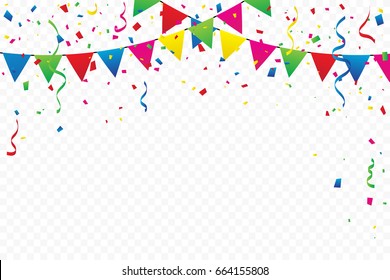 Colorful Flags With Confetti And Ribbons Falling On Transparent Background. Celebration Event & Party. Multicolored. Vector