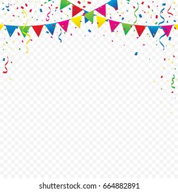 Colorful Flags With Confetti And Ribbons Falling On Transparent Background. Celebration Event & Party. Multicolored. Vector