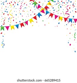 Colorful Flags With Confetti And Ribbons Falling On White Background. Celebration Event & Party. Multicolored. Vector