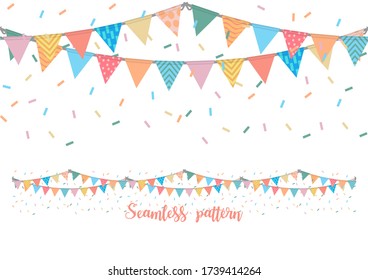 Colorful flags and confetti wallpaper for kid's birthday party. Celebrate seamless pattern paper print for a cute baby room. Triangle vector bunting with white background for holiday festival