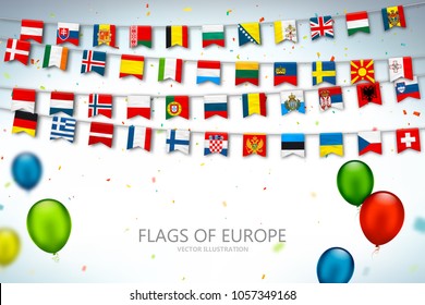 Colorful flags of different countries of the europe and world with confetti and balloons. Festive garlands of the international pennant. Bunting flags. Vector banner for celebration party, conference