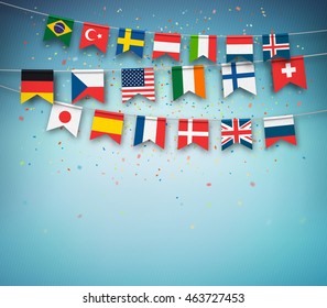 Colorful flags of different countries of the world with confetti on blue background. Festive garland of the international banners, celebration party. Vector banner.