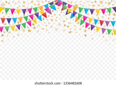 Colorful Flags with Falling golden shining stars on transparent background, Party celebration, Holiday backgdrop, buntings garlands vector
