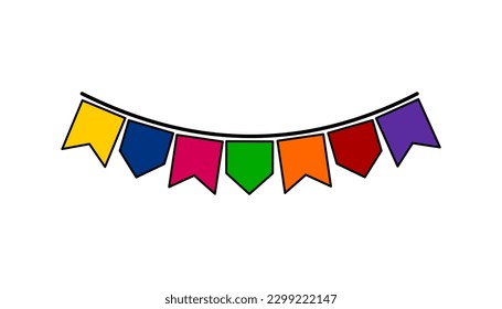 Colorful flags for Festa Junina, Julina, São João. Typical decoration of a regional, Brazilian cultural party. Vector with editable colors and strokes.