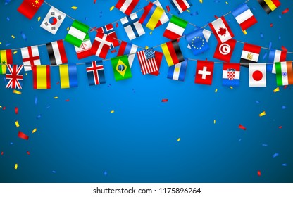 Colorful flags garland of different countries of the europe and world with confetti. Festive garlands of the international pennant. Bunting wreaths. Vector banner for celebration party, conference.