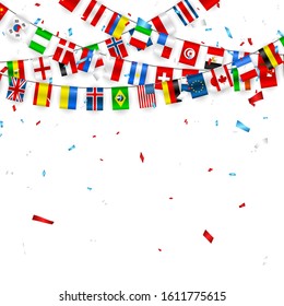 Colorful flags garland of different countries of the europe and world with confetti. Festive garlands of the international pennant. Bunting wreaths. Vector banner for celebration party, conference.