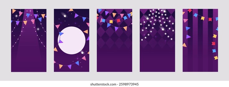 Colorful flags. Garland. Set of vertical templates for flyers, cards, stories. Carnival decor. Vector illustration.