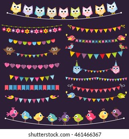 Colorful flags and garlands set with birds