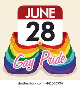 Colorful flags gather in a pink triangle button commemorating Gay Pride celebration in June 28th.