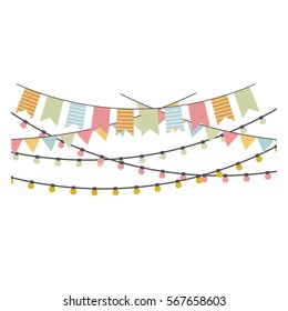 colorful flags hanging with lights icon design