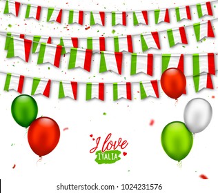 Colorful flags of Italy with confetti, balloons. Festive garlands of pennant, bunting flags. Italian Republic Holiday. Vector background for national celebration party, independence day, travel banner