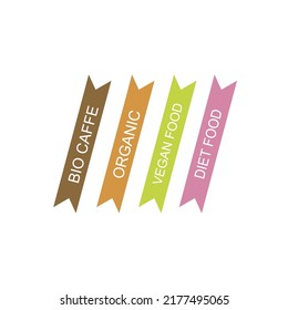 COLORFUL FLAGS LABELS, BIO CAFFEE, ORGANIC, VEGAN FOOD, DIET FOOD ( DARK BROWN, LIGHT BROWN, GREEN, PINK ) ISOATED ON WHITE