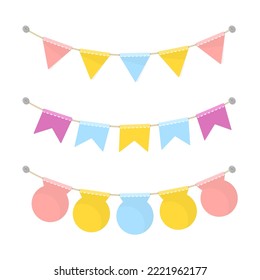 Colorful flags for party decorations vector illustrations set. Collection of cartoon drawings of hanging garlands of different shapes isolated on white background. Decoration, celebration concept