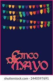 Cartel de banderas de colores. Afiche del Cinco de Mayo Colección de atributos de la cultura mexicana.