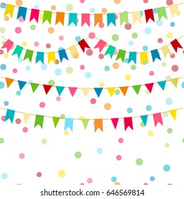Colorful flags, vector carnaval seamless pattern. Kids festive background with bright ribbons. Birthday, Party feast decor