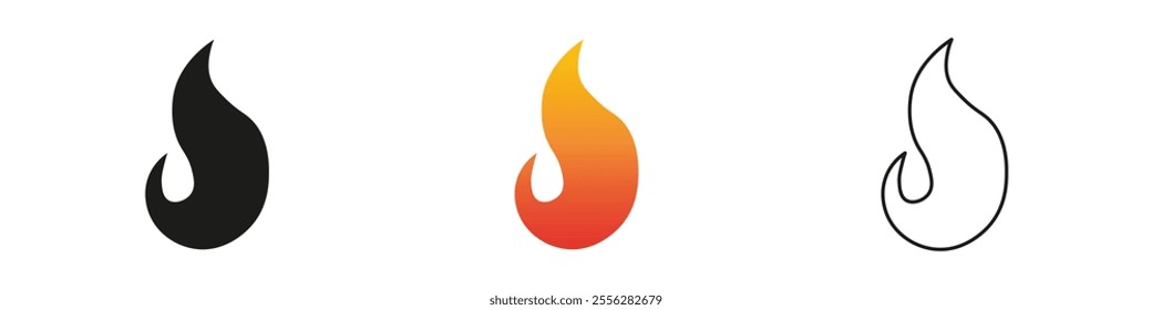 Colorful flame icons representing energy and warmth. Fire icon vector set. Flame icon collection. Fire flame symbol. Black, gradient, line set