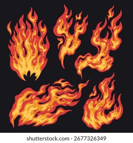 Las llamas coloridas muestran Formas y patrones dinámicos. Los naranjas y amarillos brillantes crean una pantalla vívida sobre un fondo oscuro que destaca la energía del fuego.