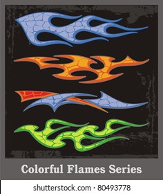 Colorful flames and vehicle graphics with grunge patterns. Great for stickers and decals.