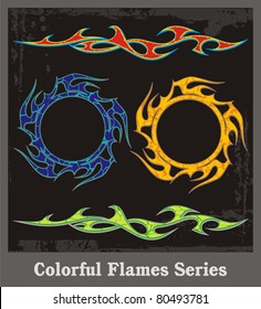 Colorful flames and vehicle graphics with grunge patterns. Great for stickers and decals.