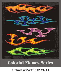 Colorful flames and vehicle graphics with grunge patterns. Great for stickers and decals.