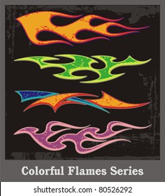 Colorful flames and vehicle graphics with grunge patterns. Great for stickers and decals.