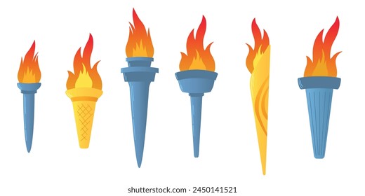 Colorful Flaming Torches, flat vector illustration isolated on white background. Symbols of relay race, competition victory, champion or winner