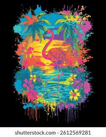 Colorful Flamingo on Tropical Island Vibrant Vector with Abstract Splash Art