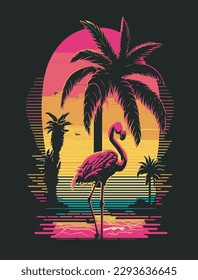 A colorful flamingo and palm trees at sunset,summer paradise, in retro style. Bright neon colors.  for t-shirts, covers, tattoos, interiors, posters and advertising