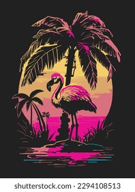 A colorful flamingo and palm trees at sunset,summer paradise, in retro style. Bright neon colors.  for t-shirts, covers, tattoos, interiors, posters and advertising