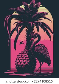 A colorful flamingo and palm trees at sunset,summer paradise, in retro style. Bright neon colors.  for t-shirts, covers, tattoos, interiors, posters and advertising