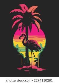 A colorful flamingo and palm trees at sunset,summer paradise, in retro style. Bright neon colors.  for t-shirts, covers, tattoos, interiors, posters and advertising