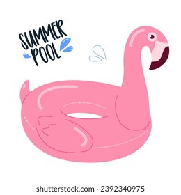 Ilustración colorida del anillo de natación flamingo. Icono de pájaro rosa caucho.Icono inflable de círculo flamingo sobre fondo blanco.Anillo de piscina para niños. Forma De Ave Tropical De Caucho.