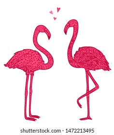 Colorful flamingos on white. Colored ornate birds. Illustration for polygraphy, banners, t-shirts and textiles