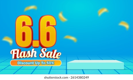 Colorful flash sale banner template for 6.6 promotion. Features bold text, discount message, and product mockup with bright blue background. Ideal for e-commerce, online shopping, and seasonal sale.