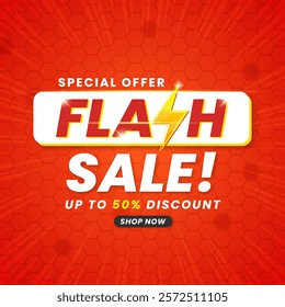 Colorful flash sale promo banner template with discount isolated on abstract background shop now