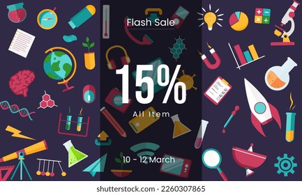 Colorful Flash Sale with science icon background, back to school sale banner, poster, flat design colorful, vector