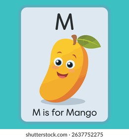 A colorful flashcard featuring a cartoon mango, illustrating the letter M and the word Mango for children's education.