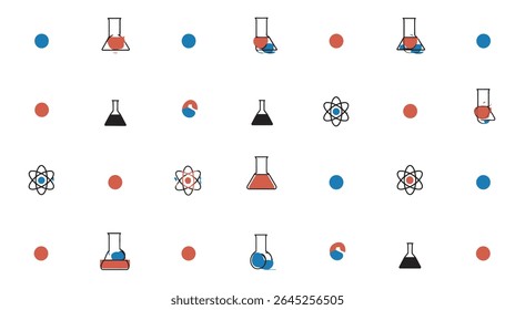 Colorful flasks display experiments amid colored dots on white background