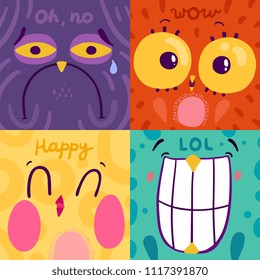 Colorful flat 2x2 design concept with happy sad surprised and laughing emotion owl stickers isolated vector illustration