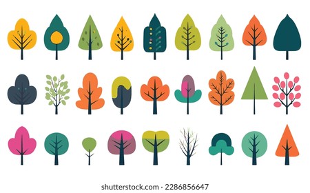 coloridos árboles abstractos planos en el estilo de formas animadas conjunto de vector con contornos minimalistas
